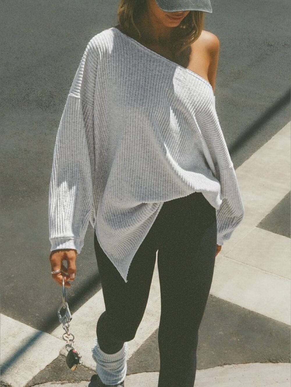 NWT Joah Brown Off-Shoulder Luxe Knit Tunic Sweater in Pearl Grey - Picture 7 of 9